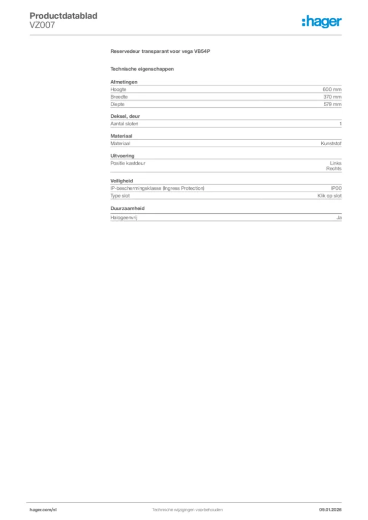 Afbeelding Hager Productdatablad VZ007 | Hager Nederland