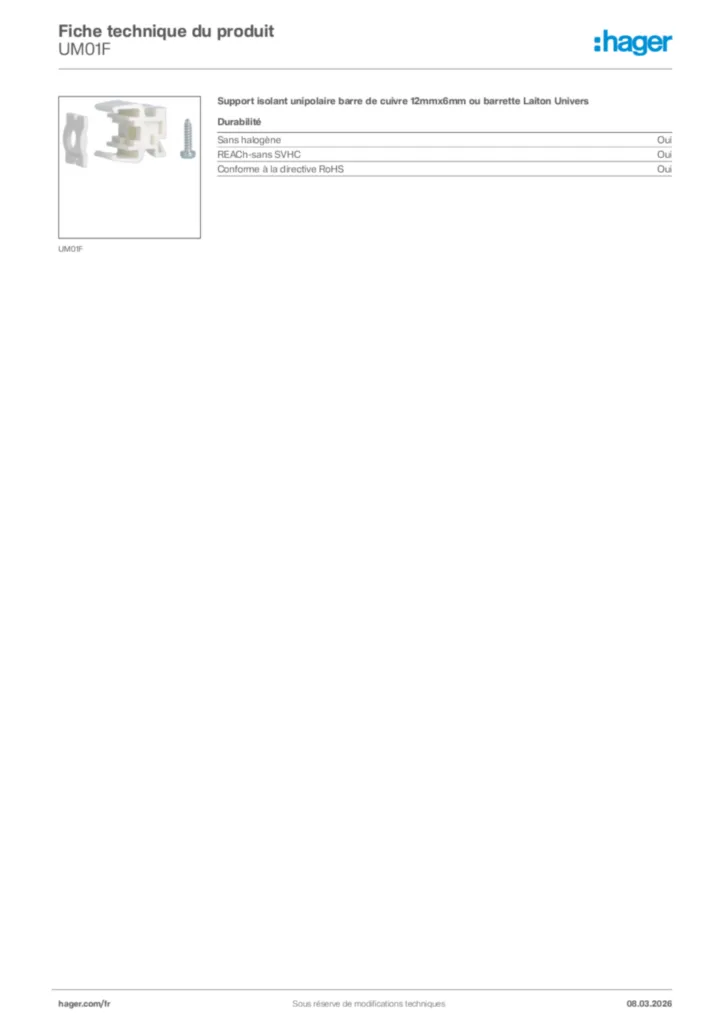 Image Hager Fiche technique du produit UM01F | Hager France
