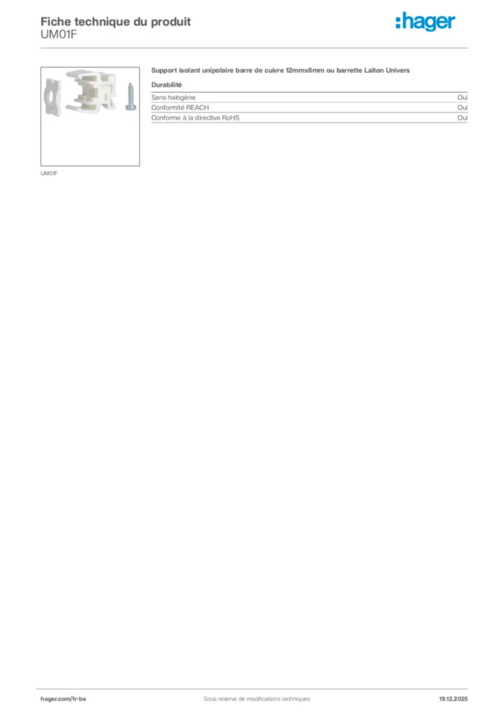 Image Hager Fiche technique du produit UM01F | Hager Belgique
