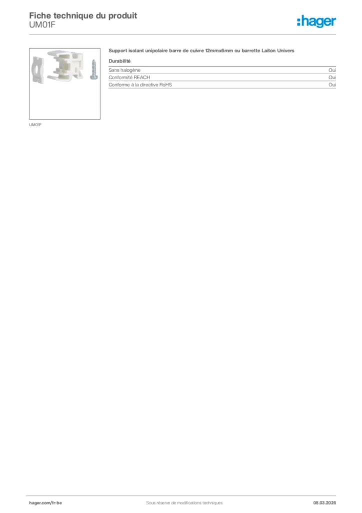 Image Hager Fiche technique du produit UM01F | Hager Belgique