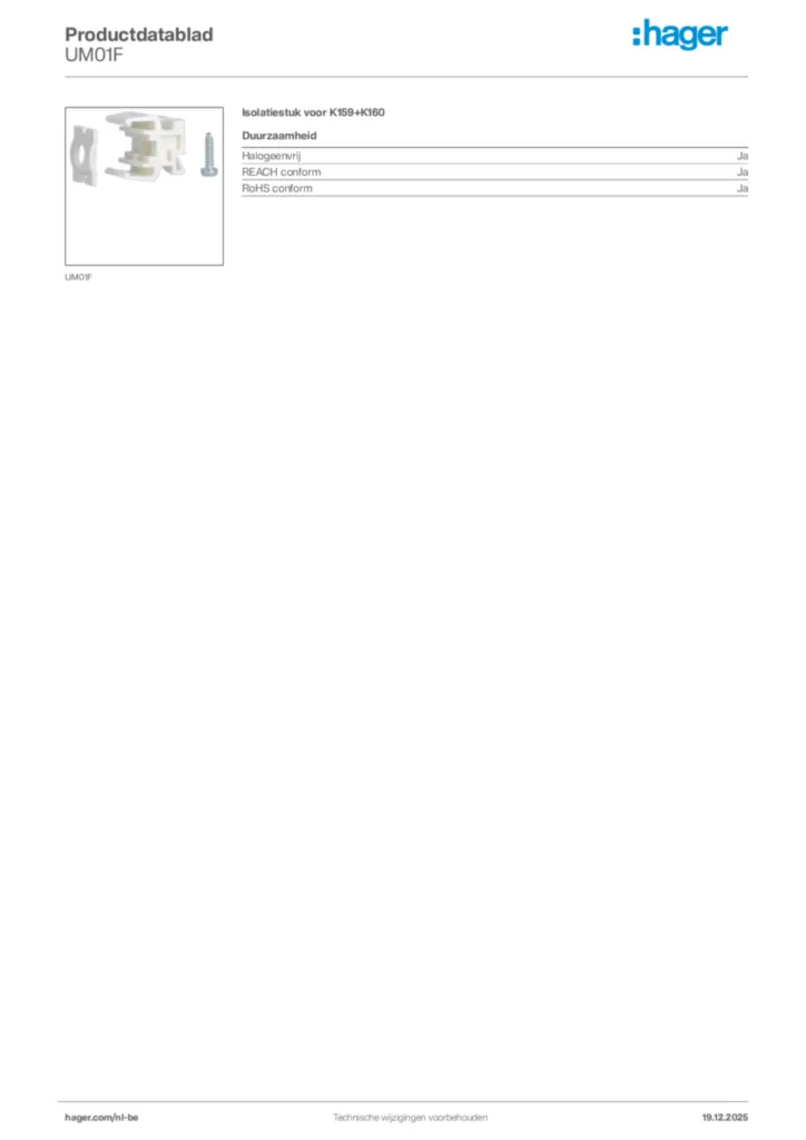 Afbeelding Hager Productdatablad UM01F | Hager Belgium