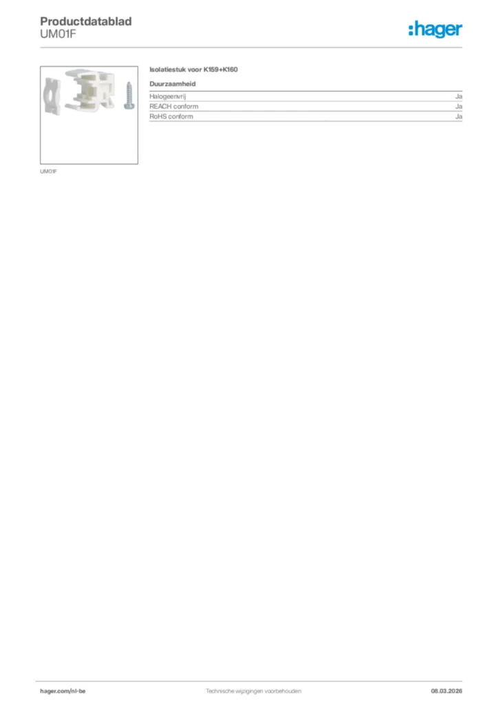 Afbeelding Hager Productdatablad UM01F | Hager Belgium