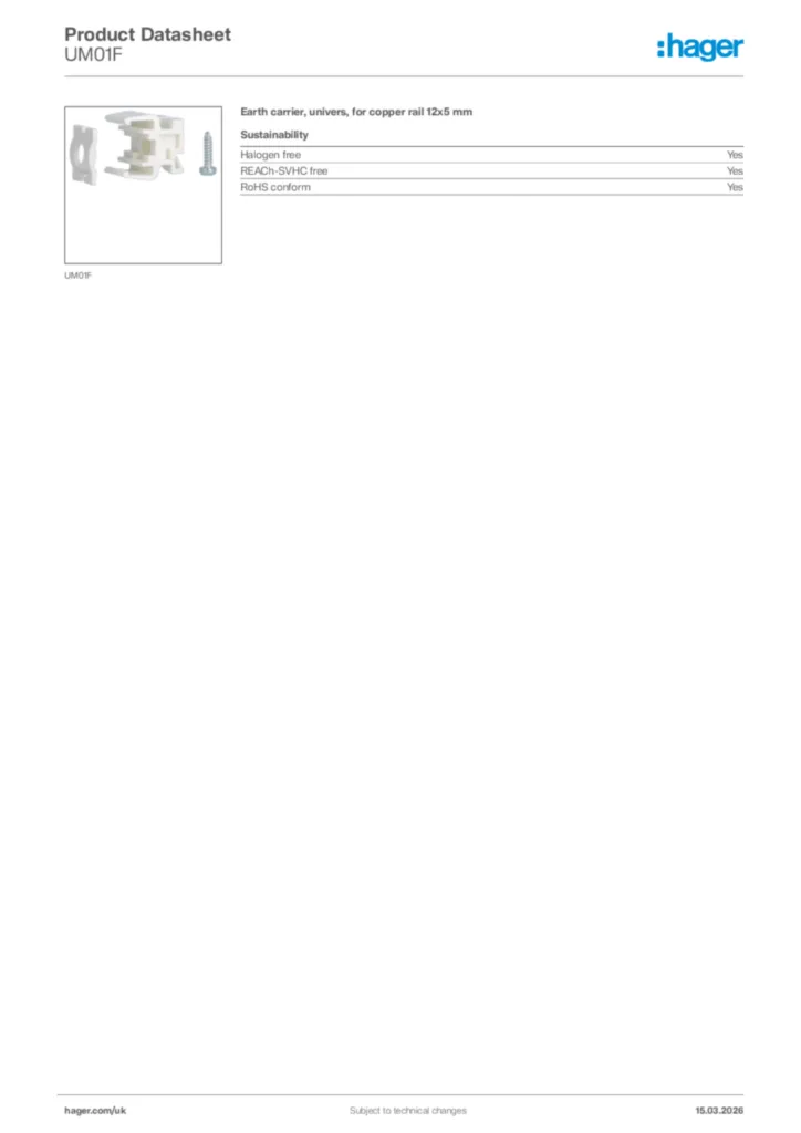 Image Hager Product data sheet UM01F  | Hager