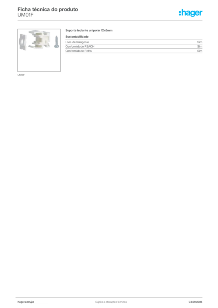 Imagem Hager Ficha técnica do produto UM01F | Hager Portugal