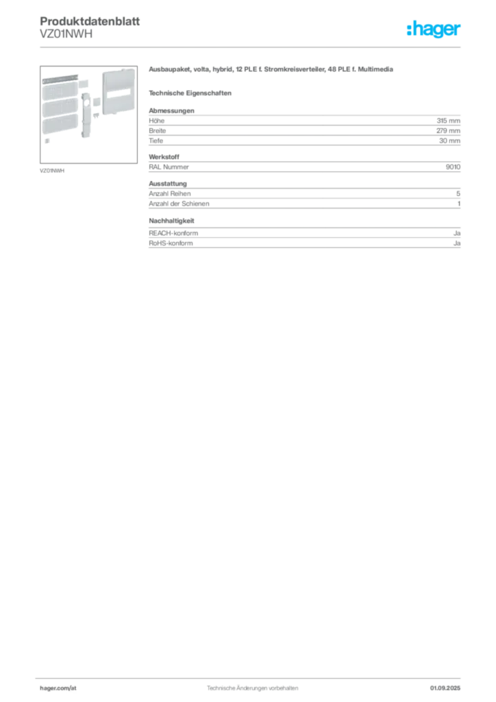 Bild Hager Produktdatenblatt VZ01NWH | Hager Deutschland