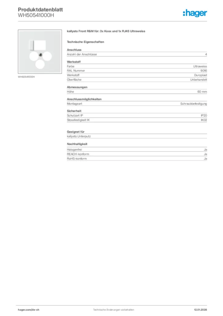Bild Hager Produktdatenblatt WH50541000H | Hager Schweiz