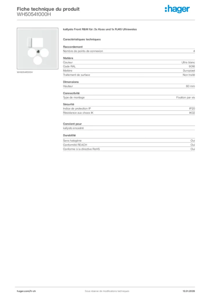 Image Hager Fiche technique du produit WH50541000H | Hager Suisse