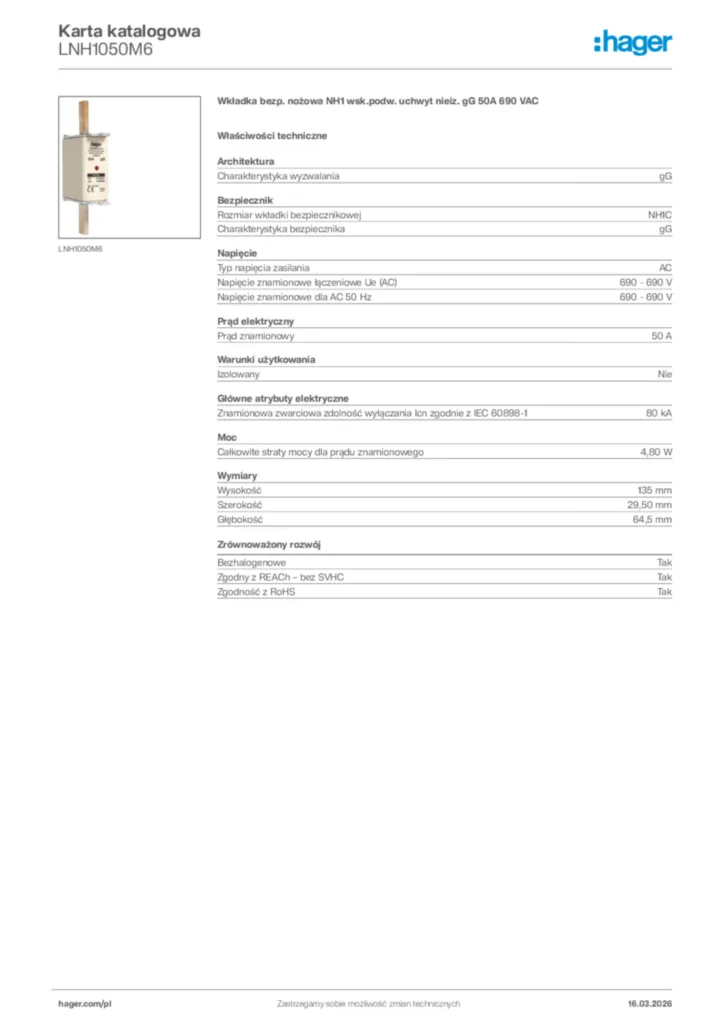 Zdjęcie Hager Karta katalogowa LNH1050M6 | Hager Polska