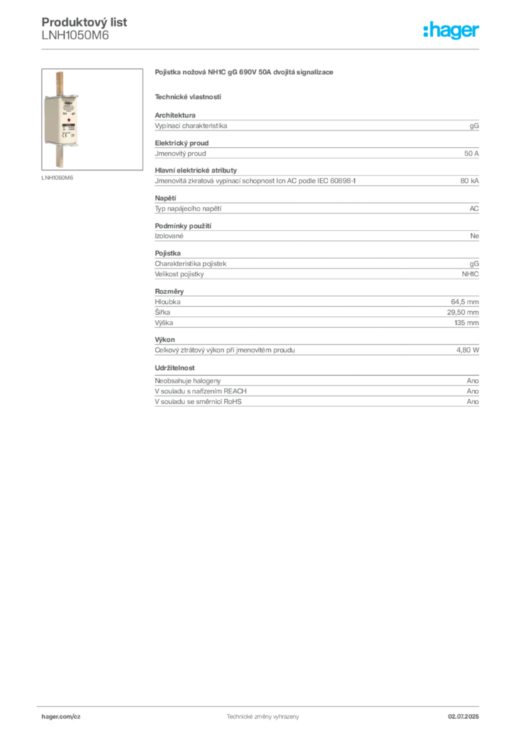 Obrázek Hager Produktový list LNH1050M6 | Hager