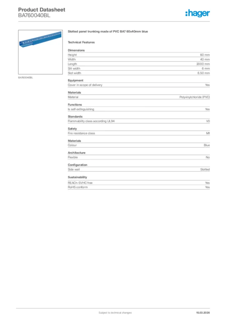 Image Hager Product data sheet BA760040BL  | Hager Africa