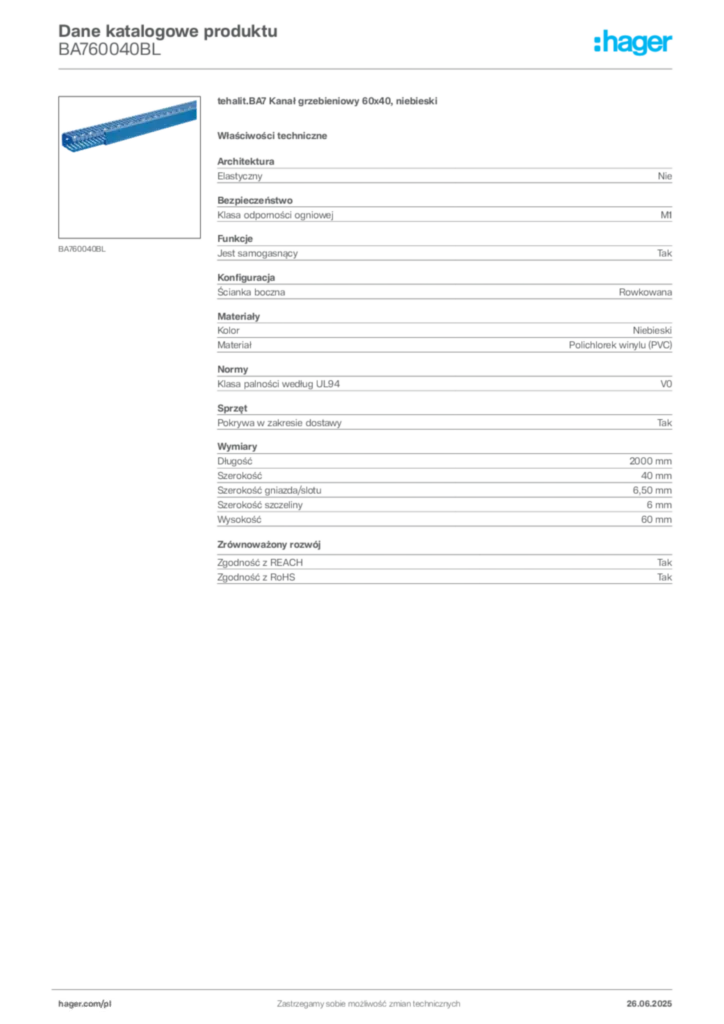 Zdjęcie Hager Karta katalogowa BA760040BL | Hager Polska