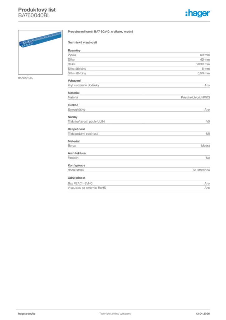Obrázek Hager Product data sheet BA760040BL | Hager