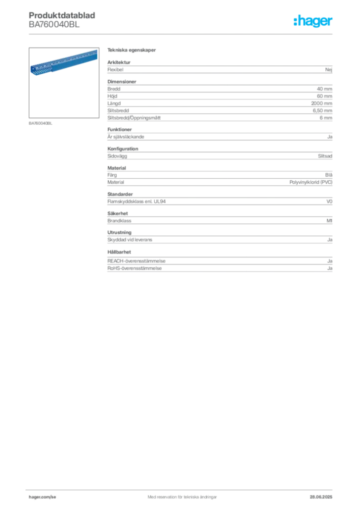 Bild Hager Produktdatablad BA760040BL | Hager Sverige