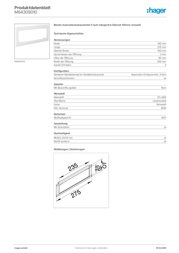 Bild Hager Produktdatenblatt M64309010 | Hager Deutschland