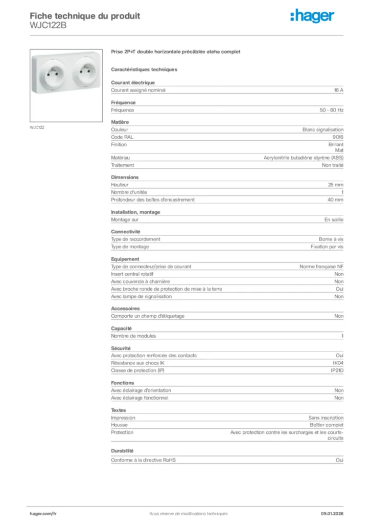 Image Hager Fiche technique du produit WJC122B | Hager France