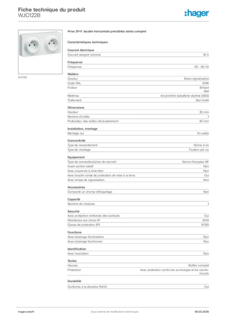 Image Hager Fiche technique du produit WJC122B | Hager France