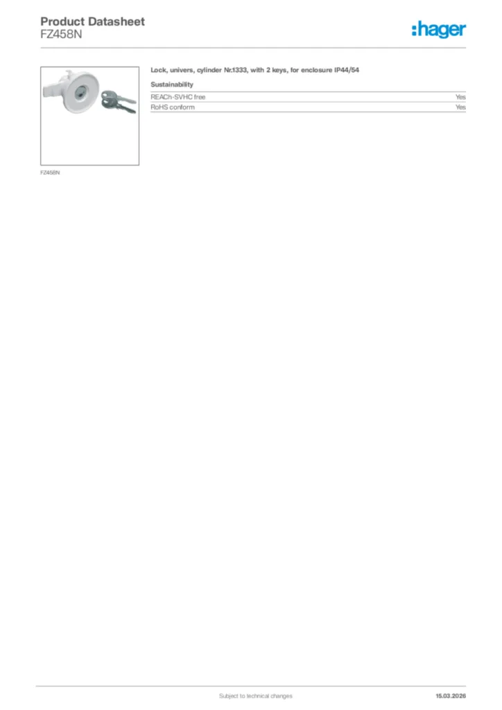 Image Hager Product data sheet FZ458N  | Hager Africa