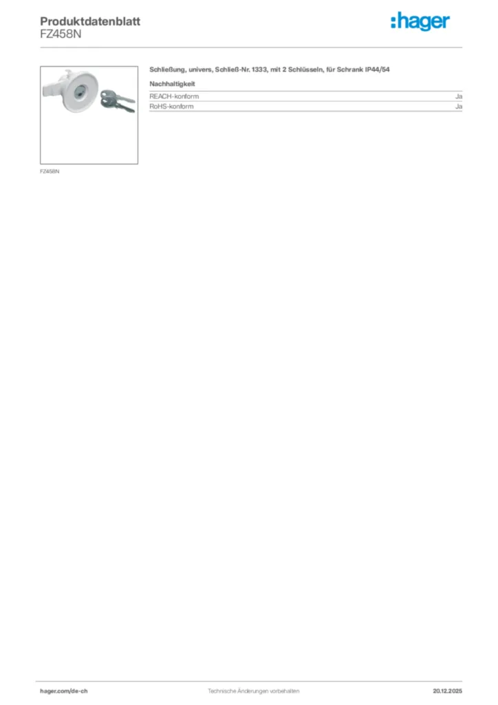 Bild Hager Produktdatenblatt FZ458N | Hager Schweiz