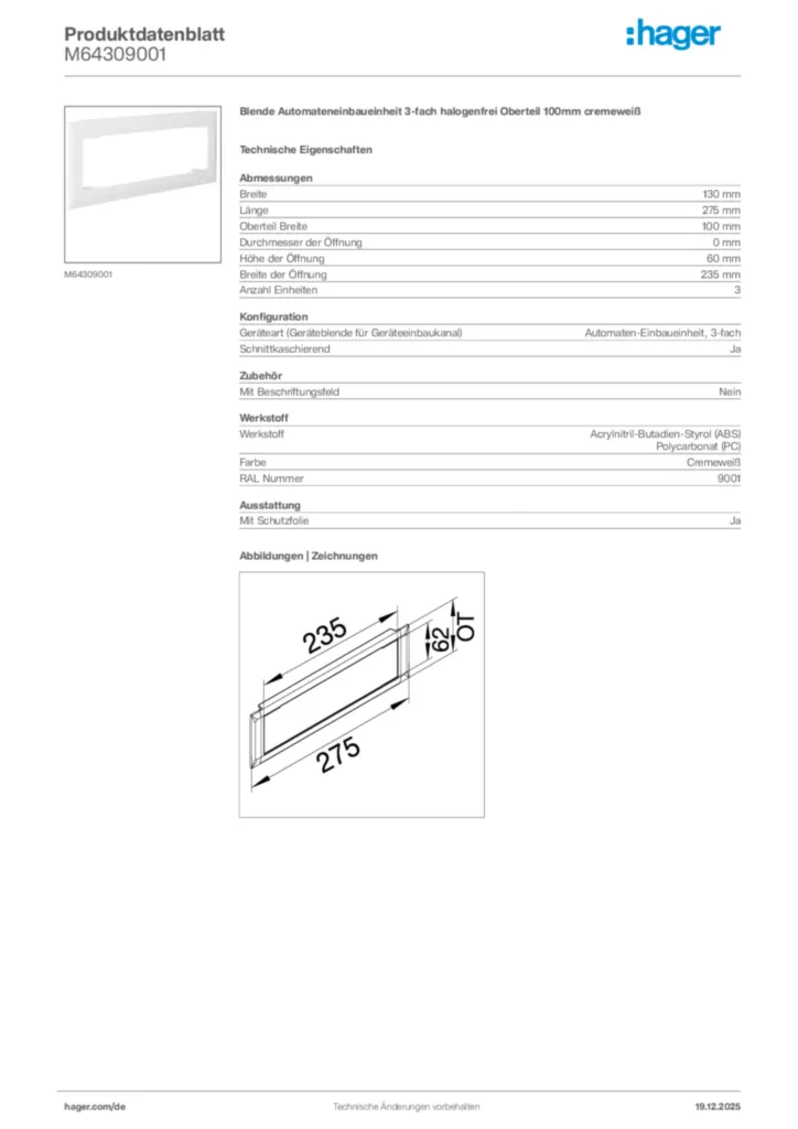 Bild Hager Produktdatenblatt M64309001 | Hager Deutschland