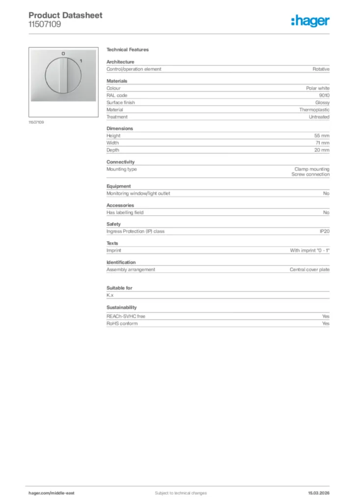 Image Hager Product data sheet 11507109  | Hager