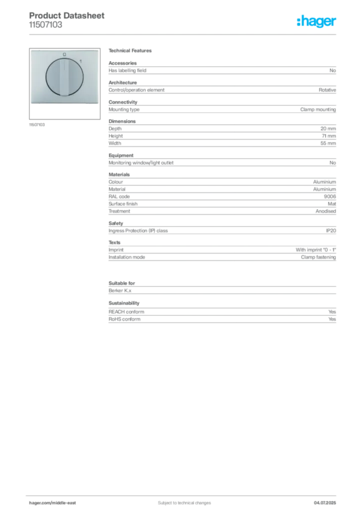 Image Hager Product data sheet 11507103  | Hager