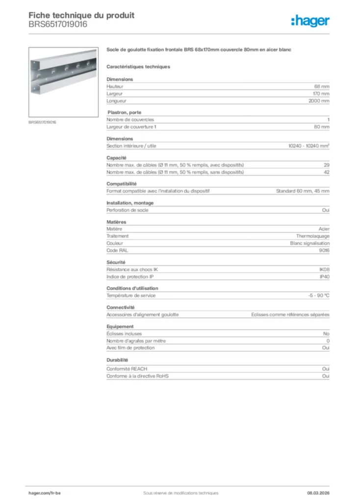 Image Hager Fiche technique du produit BRS6517019016 | Hager Belgique