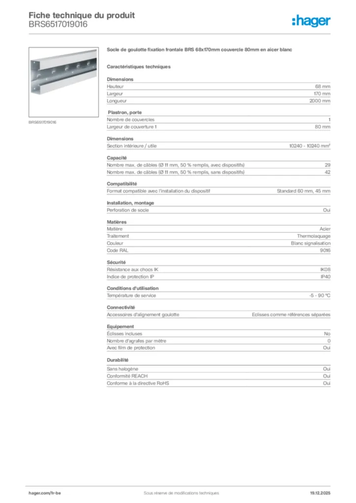 Image Hager Fiche technique du produit BRS6517019016 | Hager Belgique