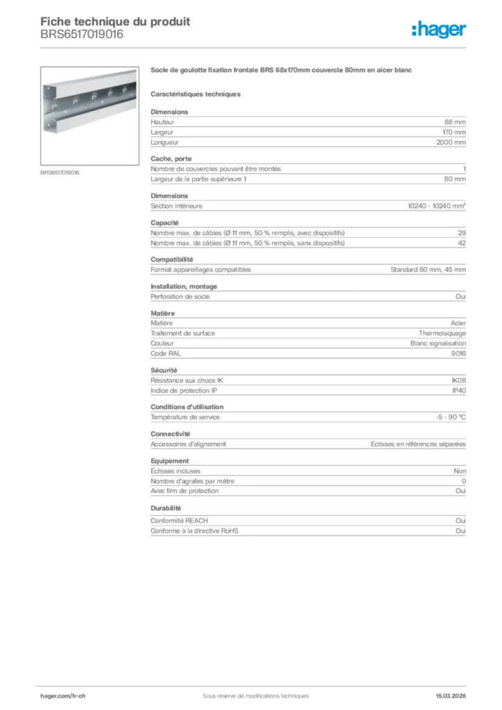 Image Hager Fiche technique du produit BRS6517019016 | Hager Suisse