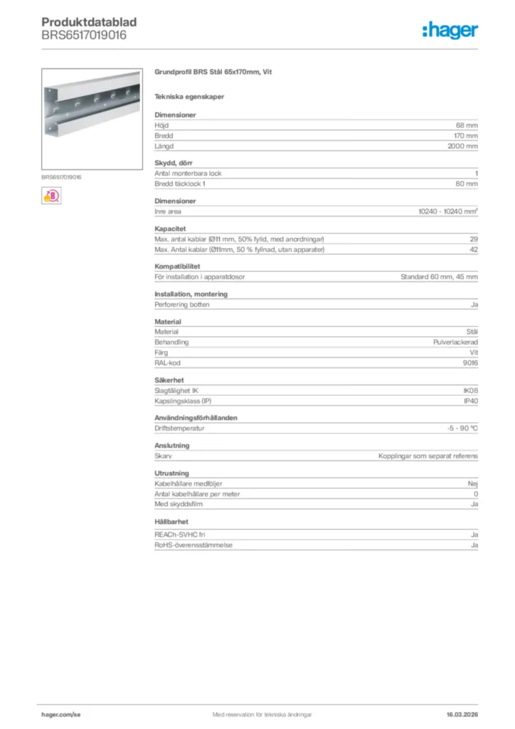 Bild Hager Produktdatablad BRS6517019016 | Hager Sverige