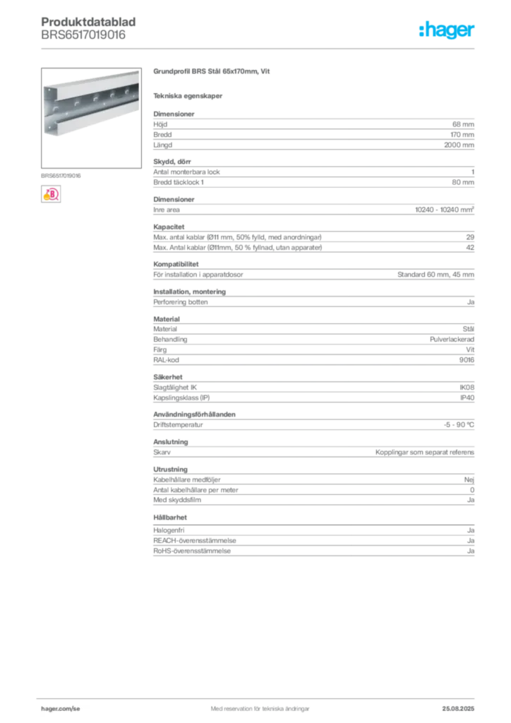 Bild Hager Produktdatablad BRS6517019016 | Hager Sverige