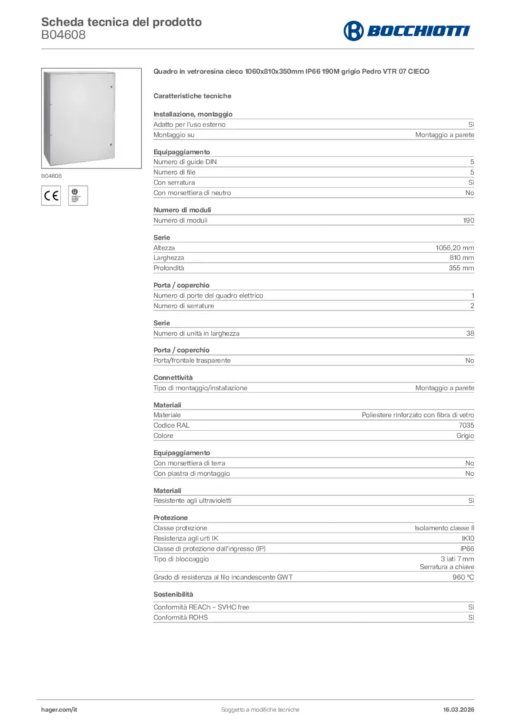Immagine Bocchiotti Scheda tecnica del prodotto B04608 | Hager Italia
