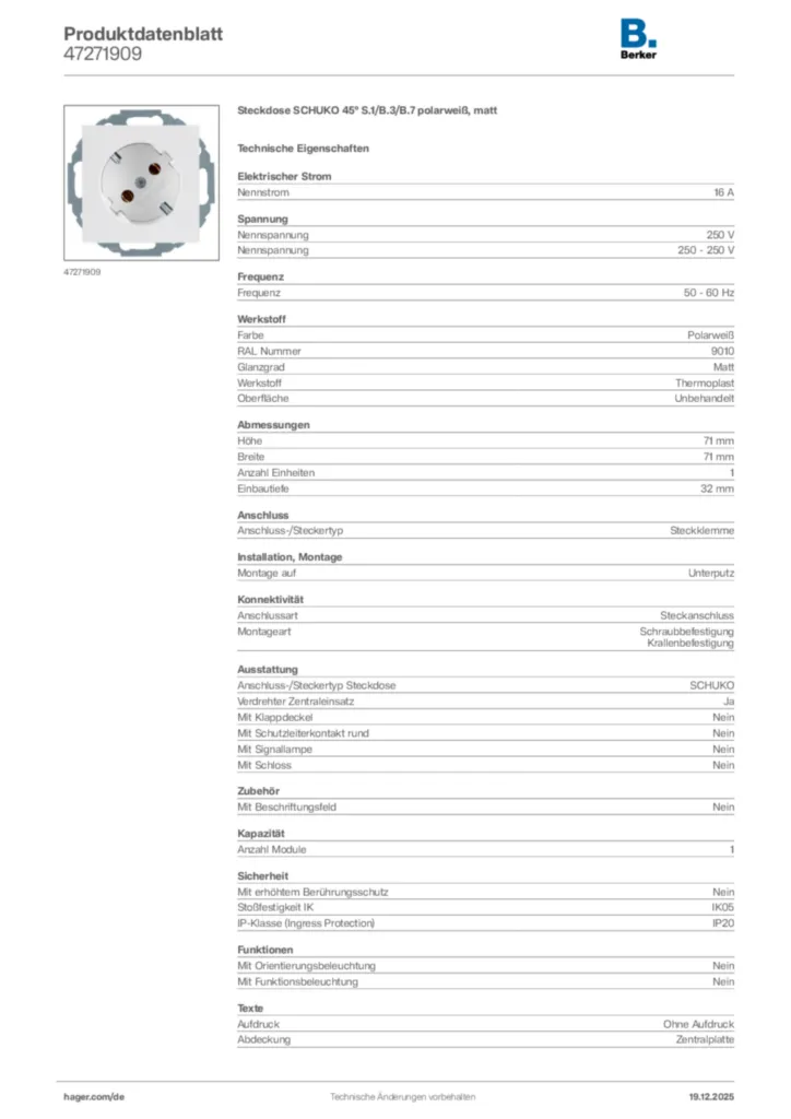 Bild Berker Produktdatenblatt 47271909 | Hager Deutschland