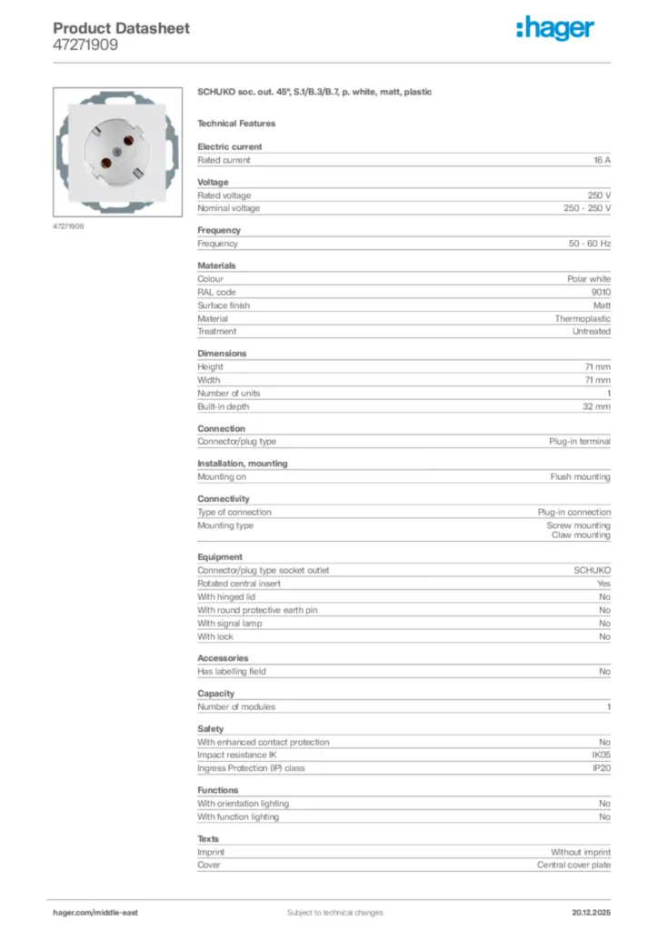 Image Hager Product data sheet 47271909  | Hager