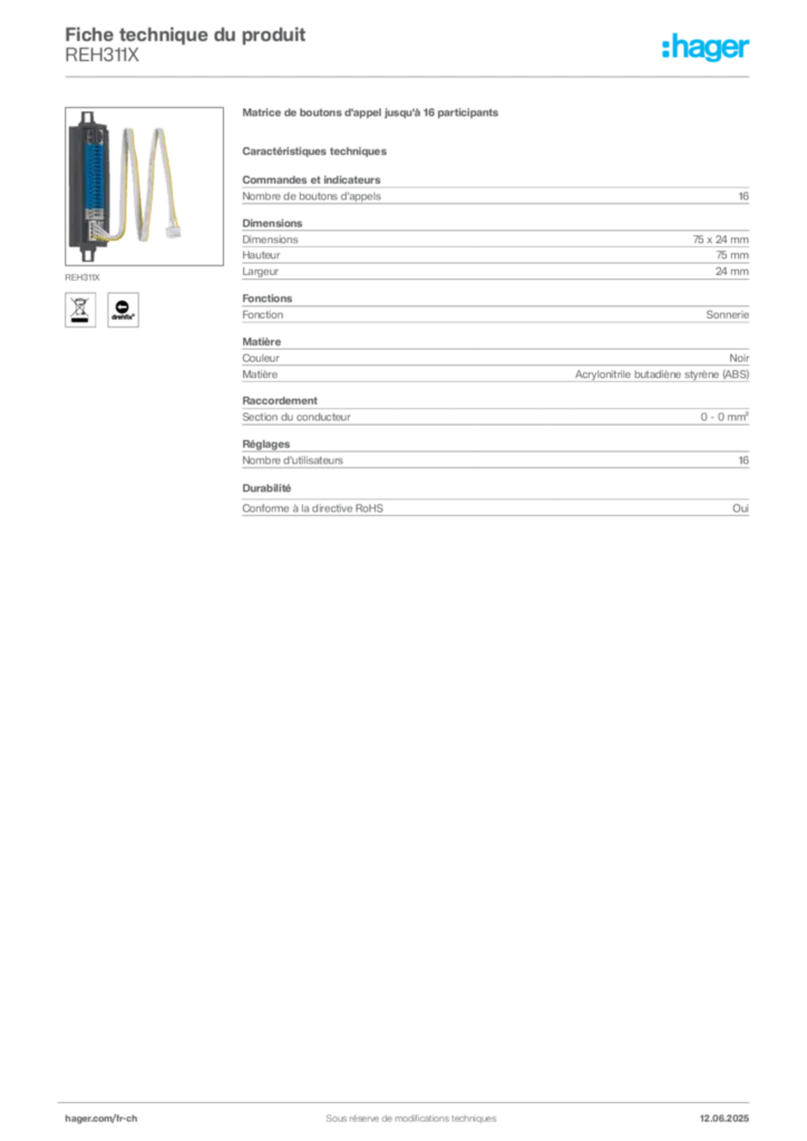 Image Hager Fiche technique du produit REH311X | Hager Suisse