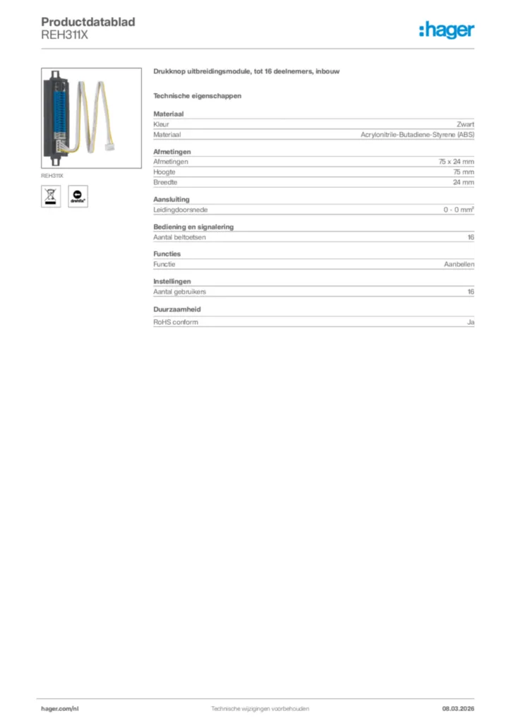 Afbeelding Hager Productdatablad REH311X | Hager Nederland