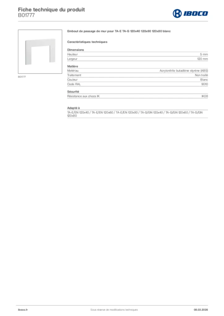 Image Iboco Fiche technique du produit B01777 | Hager France