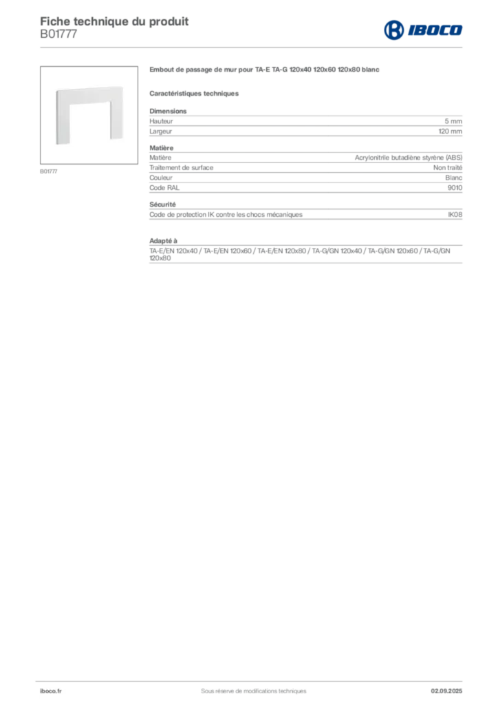 Image Iboco Fiche technique du produit B01777 | Hager France
