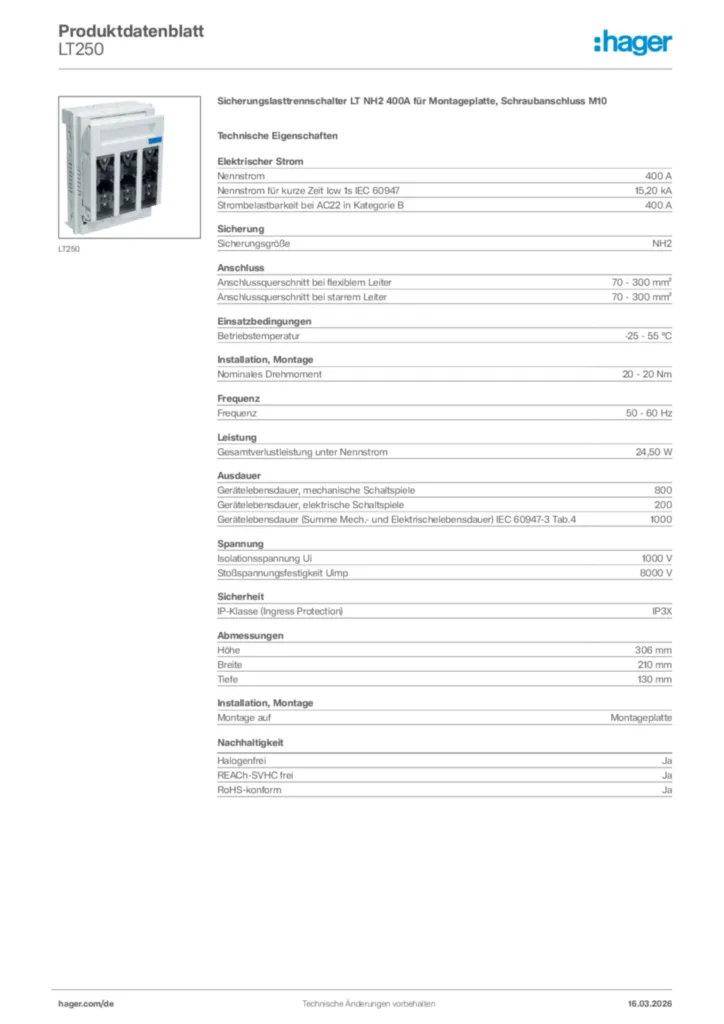 Bild Hager Produktdatenblatt LT250 | Hager Deutschland