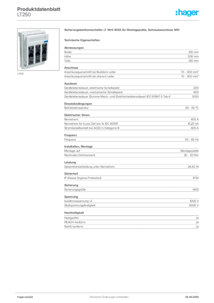 Bild Hager Produktdatenblatt LT250 | Hager Deutschland