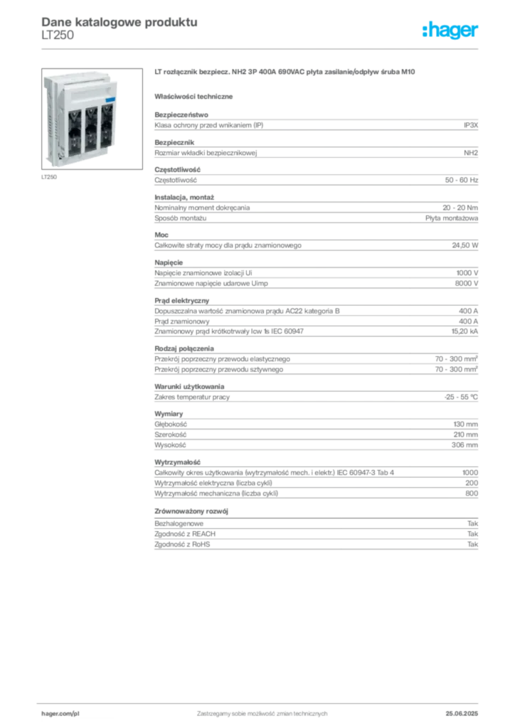 Zdjęcie Hager Karta katalogowa LT250 | Hager Polska