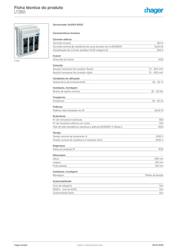 Imagem Hager Ficha técnica do produto LT250 | Hager Portugal