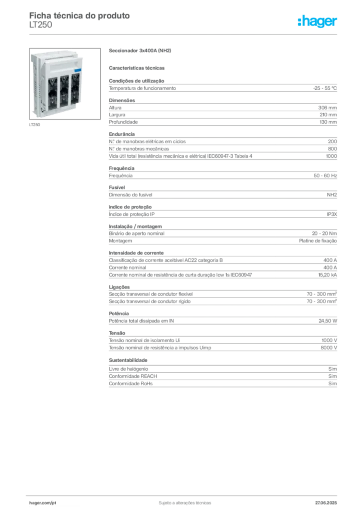 Imagem Hager Ficha técnica do produto LT250 | Hager Portugal
