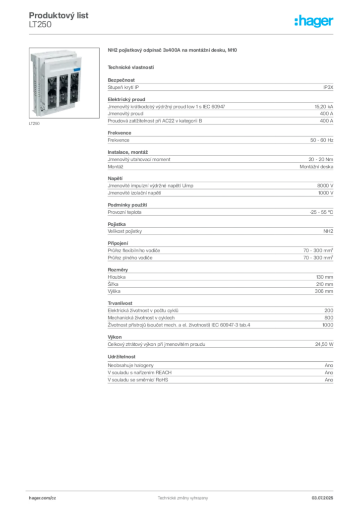 Obrázek Hager Produktový list LT250 | Hager