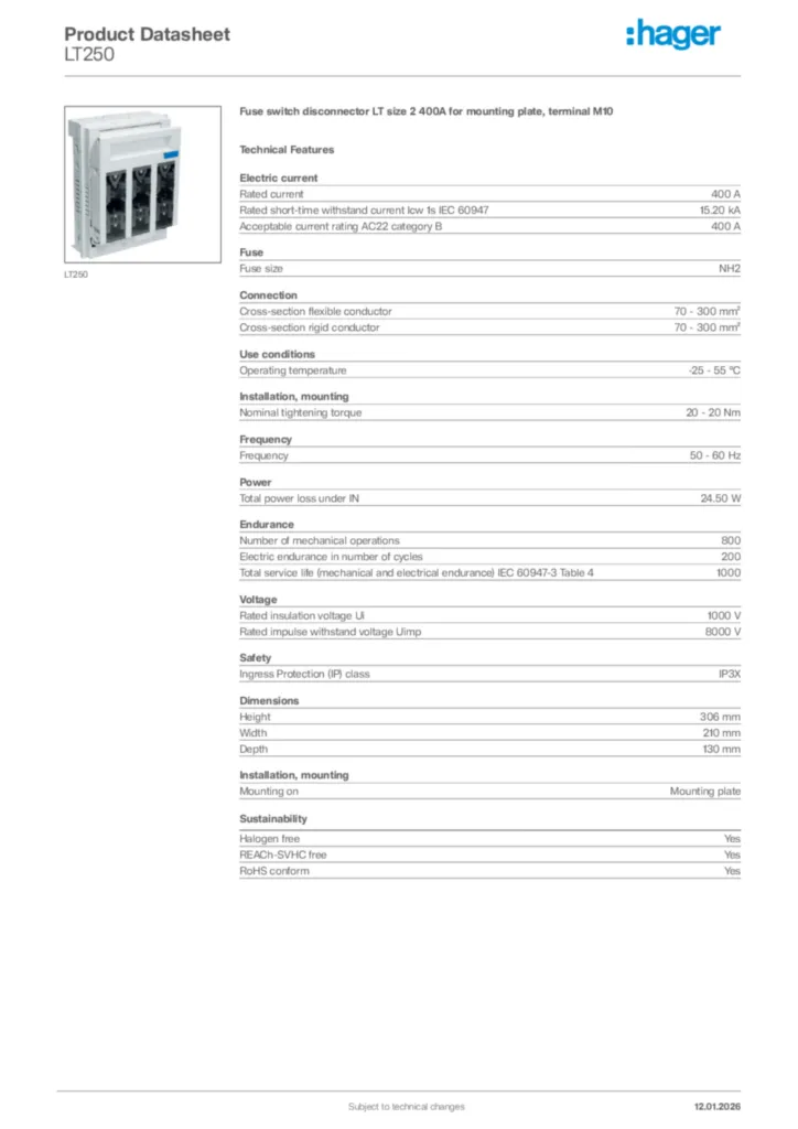 Image Hager Product data sheet LT250  | Hager