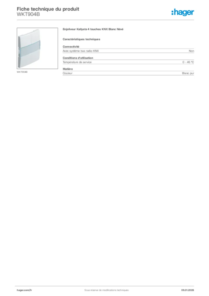 Image Hager Fiche technique du produit WKT904B | Hager France