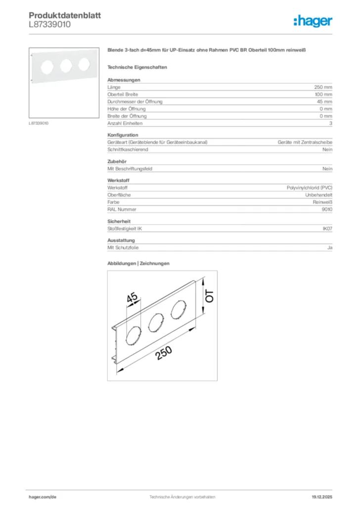 Bild Hager Produktdatenblatt L87339010 | Hager Deutschland