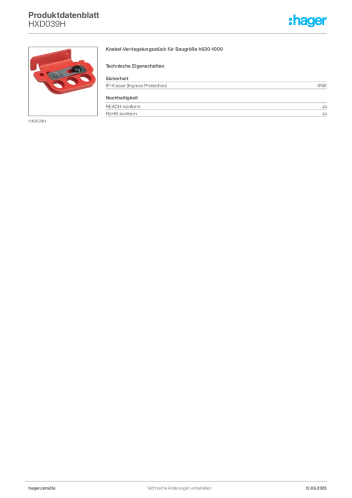 Hager Produktdatenblatt HXD039H