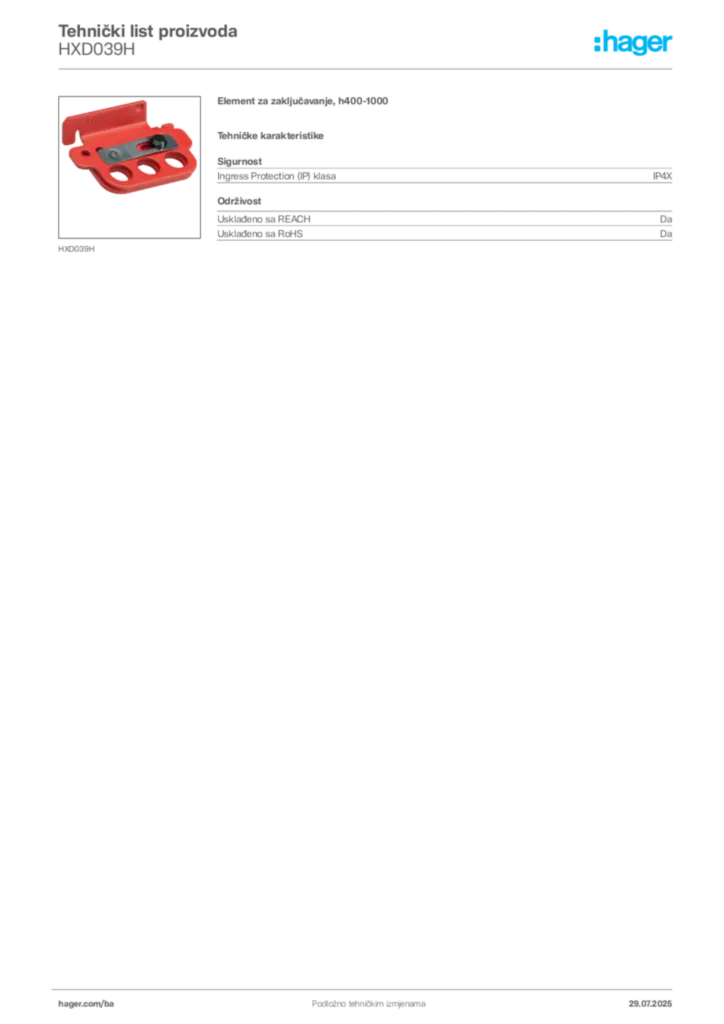 Slika Hager Product data sheet HXD039H  | Hager