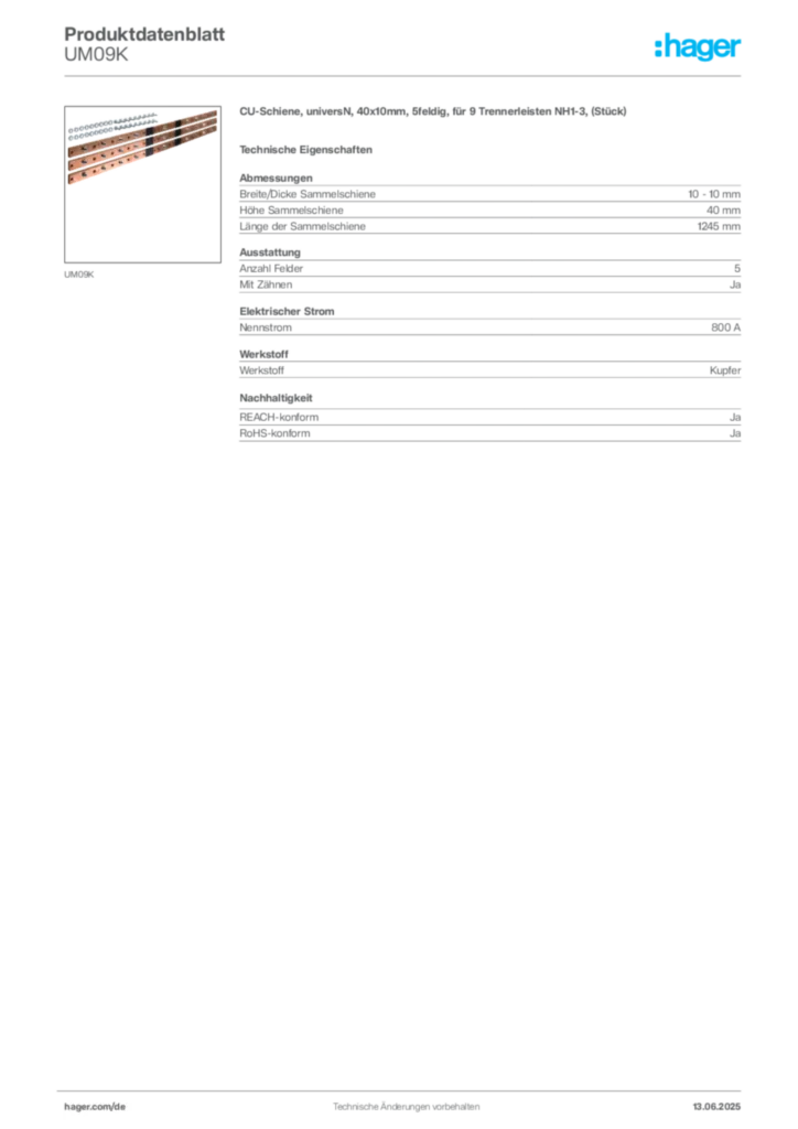 Hager Produktdatenblatt UM09K