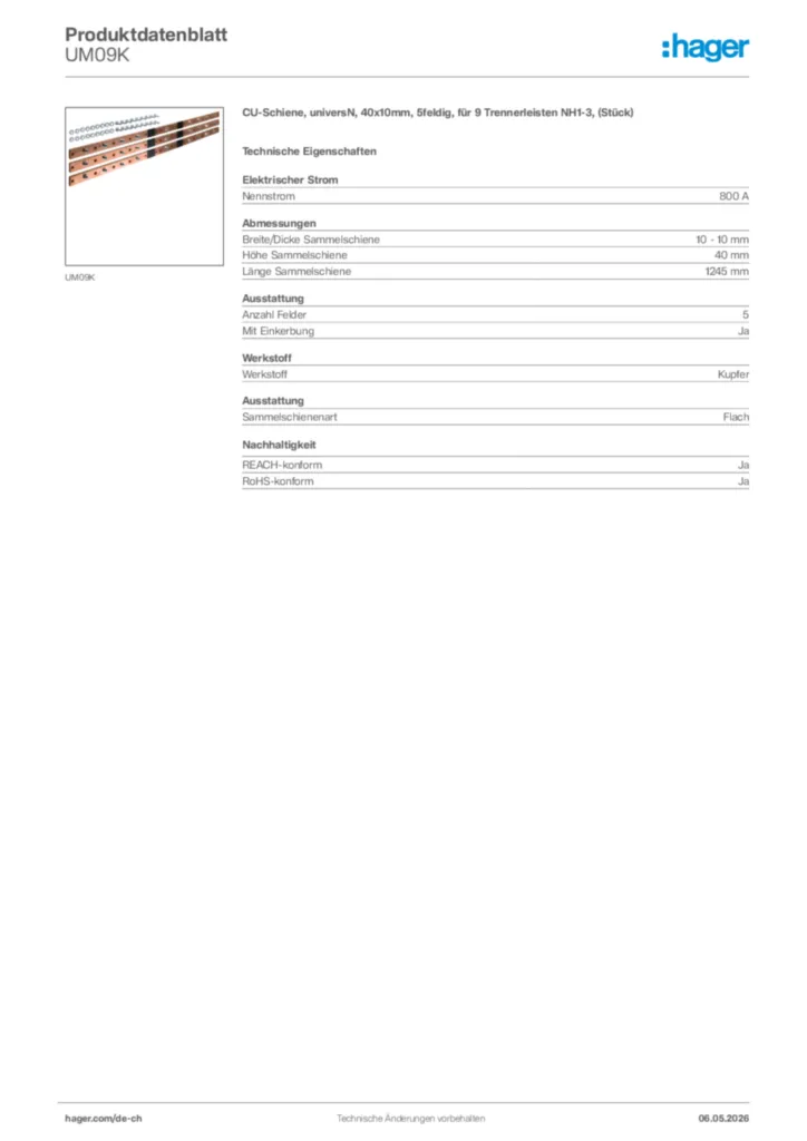 Bild Hager Produktdatenblatt UM09K | Hager Schweiz